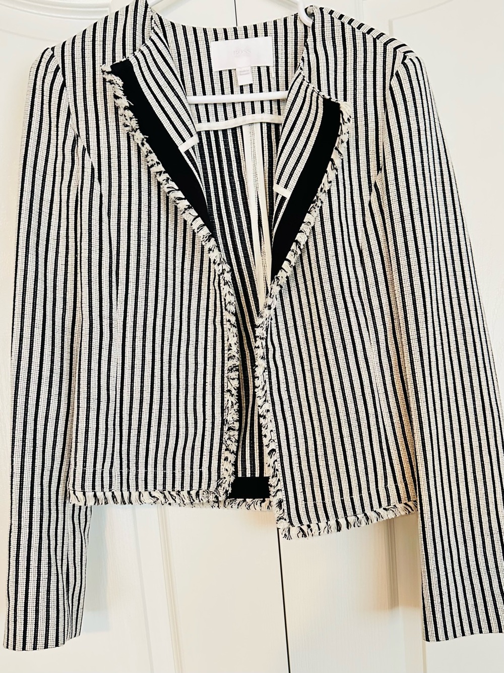 Boss Black and White Striped Fringe-Trim Open Blazer
